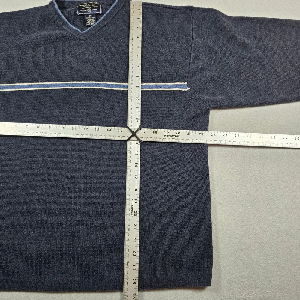 American Eagle Mens XL Navy Blue Sweater V-Neck Striped Ramie Cotton Knit